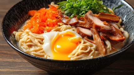 Delicious ramen bowl with runny egg yolk japanese cuisine food cozy setting close-up view culinary art