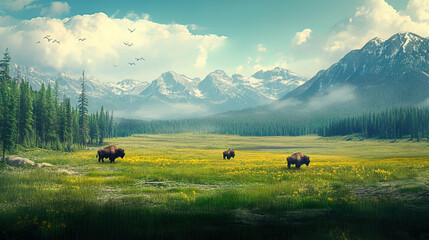 Fototapeta premium A Beautiful and Scenic Mountain Landscape Featuring Grazing Bison in a Scenic Field