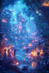 Obraz premium Mystical forest illuminated by enchanting lights, showcasing a vibrant, magical atmosphere.