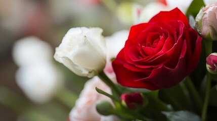 Vibrant Red Rose Among Soft White Blossoms in a Dreamy Garden Setting : Generative AI