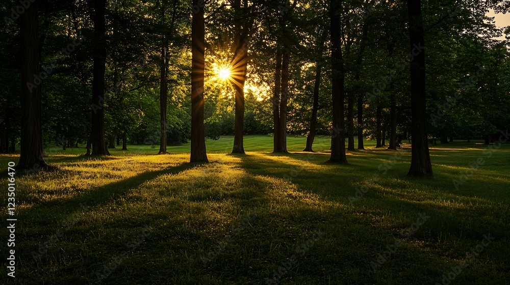 Poster Sunlight Filtering Through Dense Forest Creating Serene Natural Landscape : Generative AI
