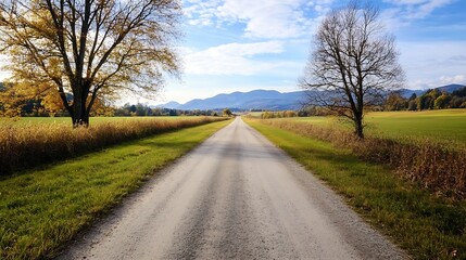 Tranquil Country Road Lined with Autumnal Trees Under Clear Blue Skies : Generative AI
