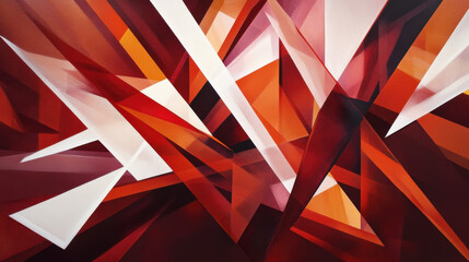 A striking geometric abstraction featuring overlapping triangular planes in bold crimson and burnt orange