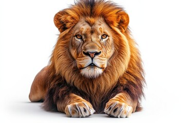 Fototapeta premium Majestic male lion with thick mane resting on white background