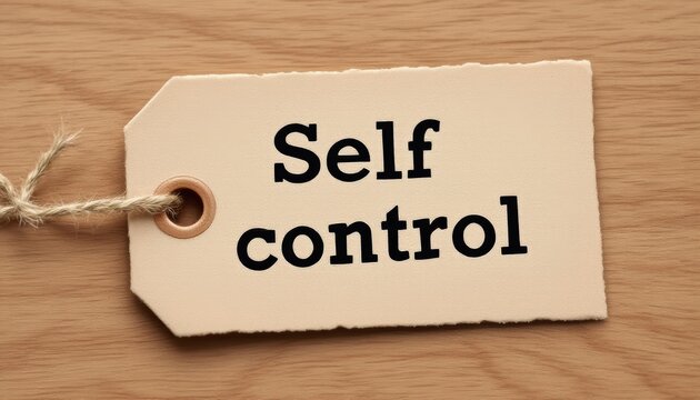 A tag with self-control phrase, resting on a light wood surface, suggesting personal resolve