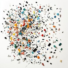 Colorful fragmented shapes scattered on white background