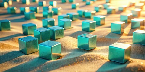 Obraz premium A scattering of turquoise cubes in a sandy landscape, reflecting the warm light of the sun