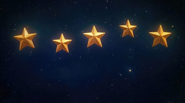 five golden stars rating on dark blue background quality feedback review concept with glowing icons