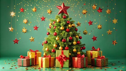 A festive Christmas tree adorned with red and gold baubles, surrounded by presents tied with red and gold ribbons, set against a backdrop of twinkling gold stars on a teal background.