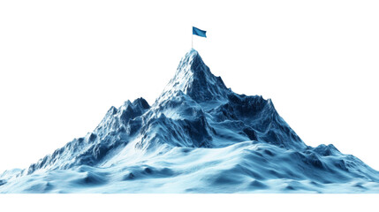 Achieving goal with blue flag on snowy mountain peak with transparent background