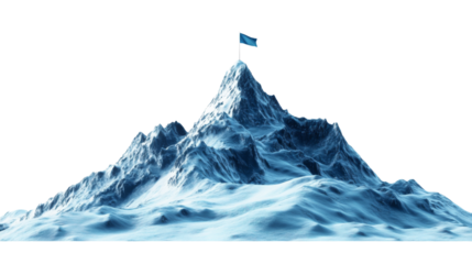 Achieving goal with blue flag on snowy mountain peak with transparent background
