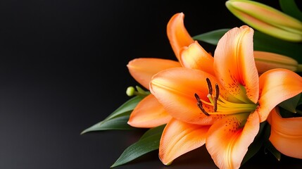 Obraz premium Elegant Orange Lilies on Dark Background Highlighting their Delicate Petals : Generative AI