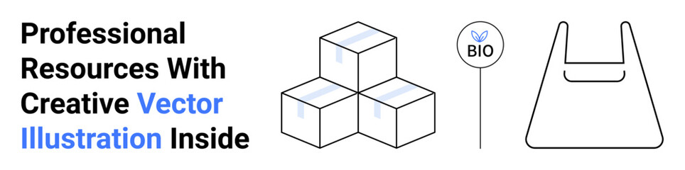 Stacked boxes, biodegradable material label, eco-conscious bag outline. Ideal for sustainability visuals, packaging concepts, environmental campaigns, branding, recycling ads, green business flat