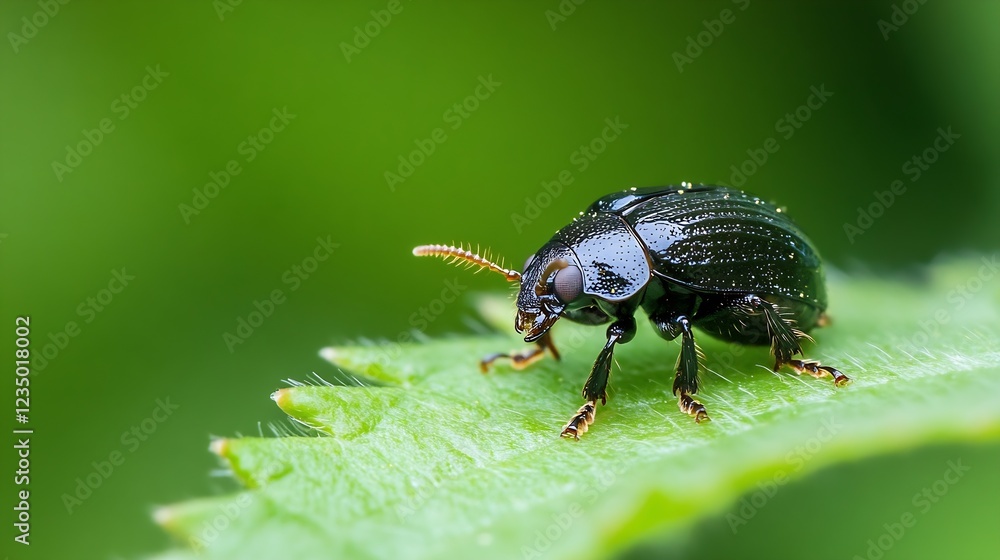 Poster metallic green beetle on leaf closeup with water droplets on antennae and vibrant green background :