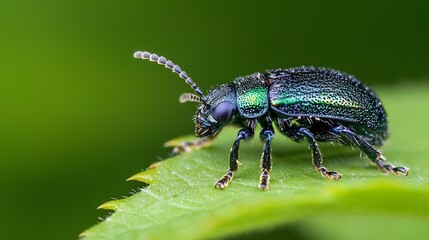 Closeup of Shiny Green Beetle on Leaf Capturing Intricate Details in Nature : Generative AI
