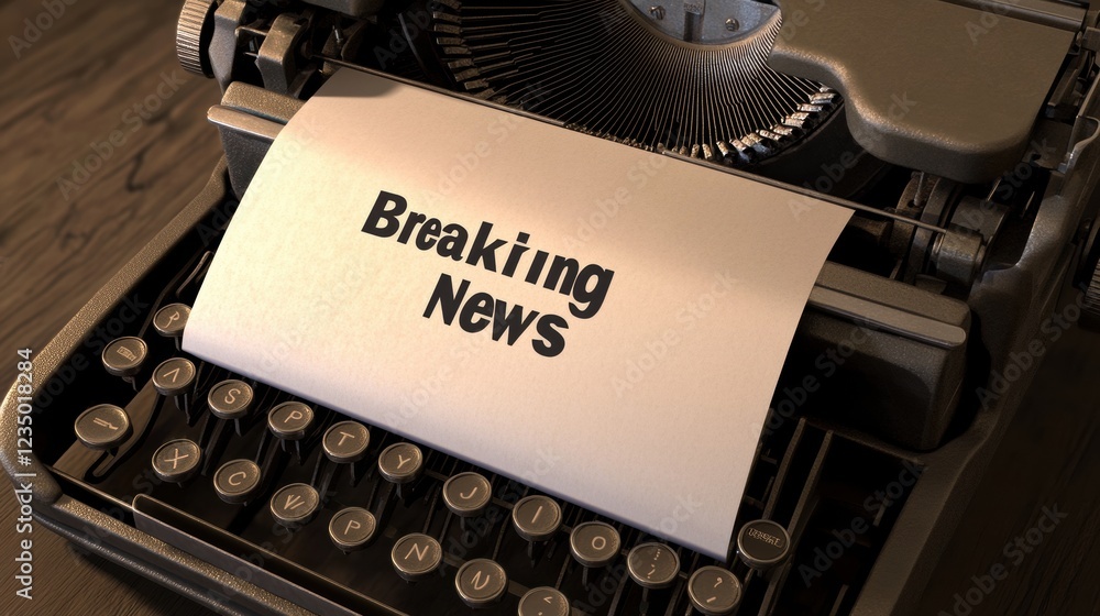 Aufkleber Vintage typewriter with a blank sheet of paper featuring bold breaking news typed on it during a quiet moment. Generative AI