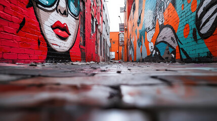 Naklejka premium vibrant alleyway adorned with colorful street art and graffiti, showcasing urban creativity and expression