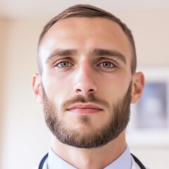 Fototapeta premium A focused White male doctor stands proudly, representing the dedication of healthcare professionals during Doctors Day in a medical setting