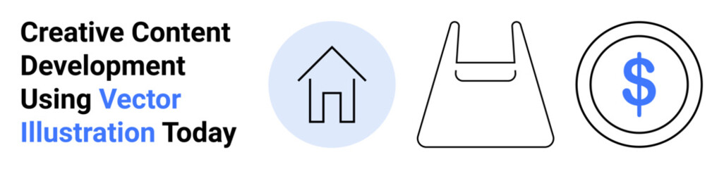 Fototapeta premium House icon, shopping bag outline, and dollar sign symbolizing home, retail, and finance. Ideal for e-commerce, savings, budgeting, real estate shopping lifestyle flat landing page banner