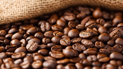 Obraz premium Close up of perfectly roasted coffee beans in earthy burlap sack : Generative AI