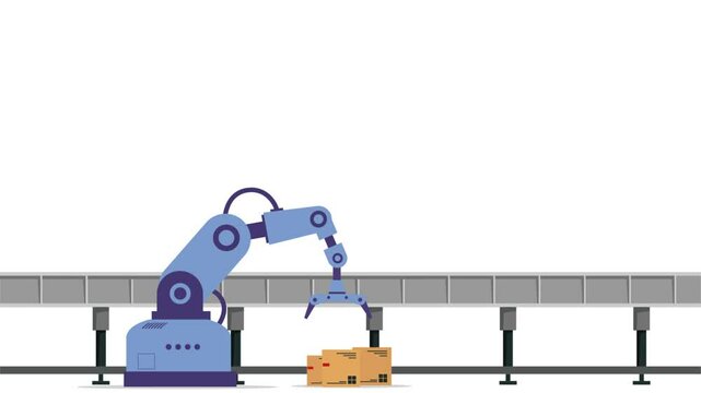 Automation industry by collaborative robot with robotic movement and robotics in mechanical automation industry at warehouse. Robot holding box products with robotic movement lifting box with crane