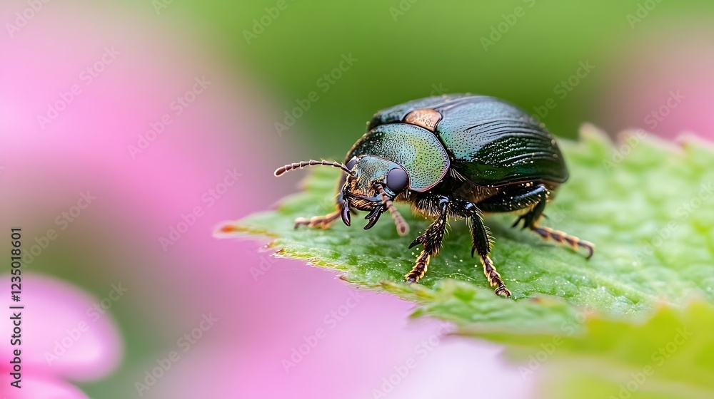 Poster detailed image of beetle on leaf with pink background highlighting its vibrant colors : generative a