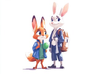 A watercolor style illustration of a fox and a rabbit with balloons, wearing casual clothes, on a white background.