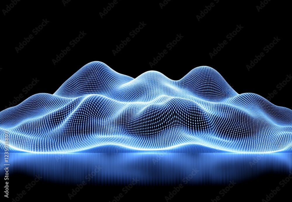 Poster abstract blue digital landscape wireframe mesh modern design background 3d data wave grid glow dark