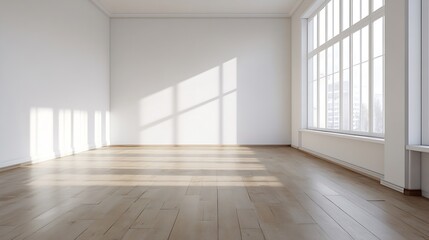 Fototapeta premium Bright and empty room space with large windows and wooden flooring ideal for decor ideas : Generative AI