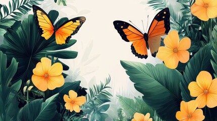Orange Butterflies Surrounded by Vibrant Yellow Flowers and Green Leaves