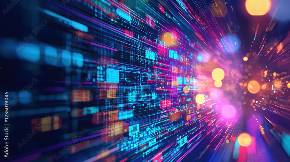 Poster colorful digital data streams with vibrant lights and abstract patterns