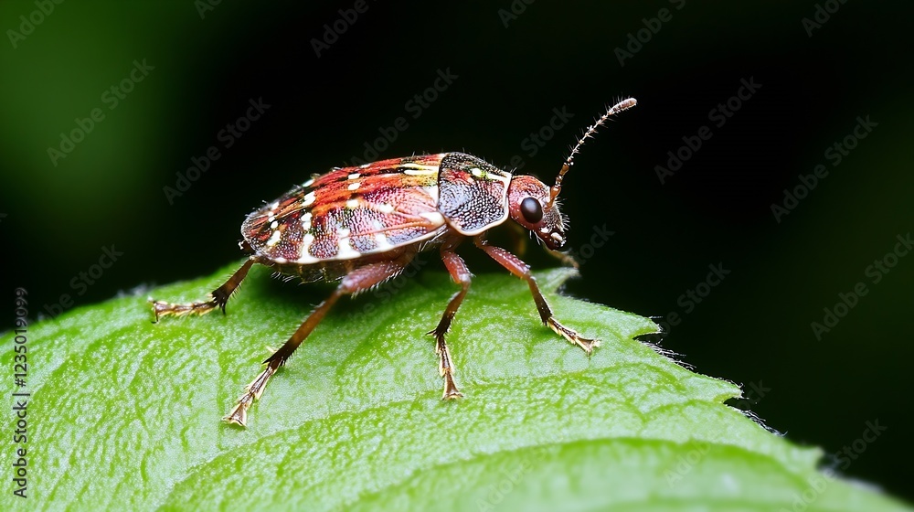 Poster detailed view of a spotted beetle on a green leaf in forest : generative ai