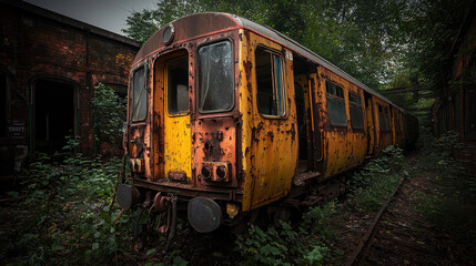 Obraz premium rusting train car surrounded by overgrown vegetation in abandoned railway. scene evokes sense of nostalgia and decay