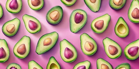A vibrant pattern of sliced avocados arranged on a soft pink background, showcasing the rich green flesh and contrasting seeds