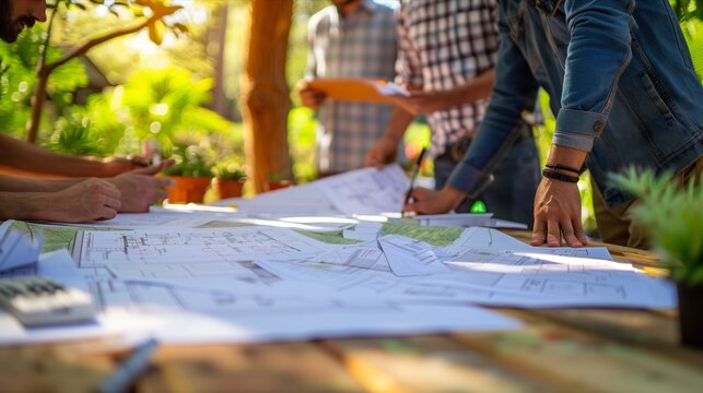 Team collaborating on project plans in a vibrant outdoor setting among greenery.