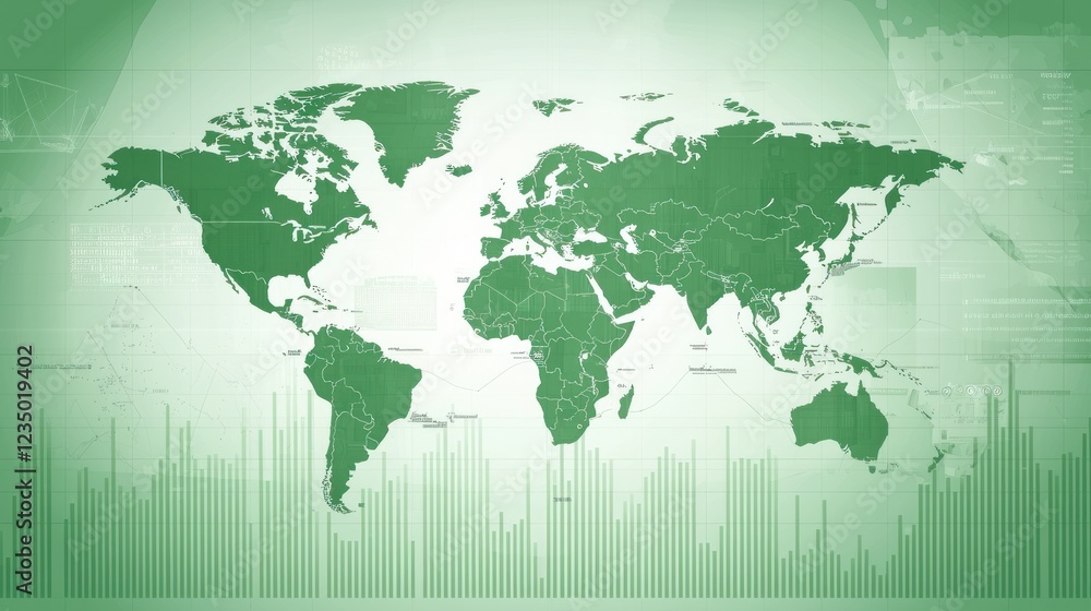 Poster global green business analytics: world map with data visualization