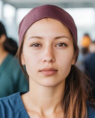 East Asian woman with a focused expression stands in a medical environment, representing dedication on Doctors Day among peers