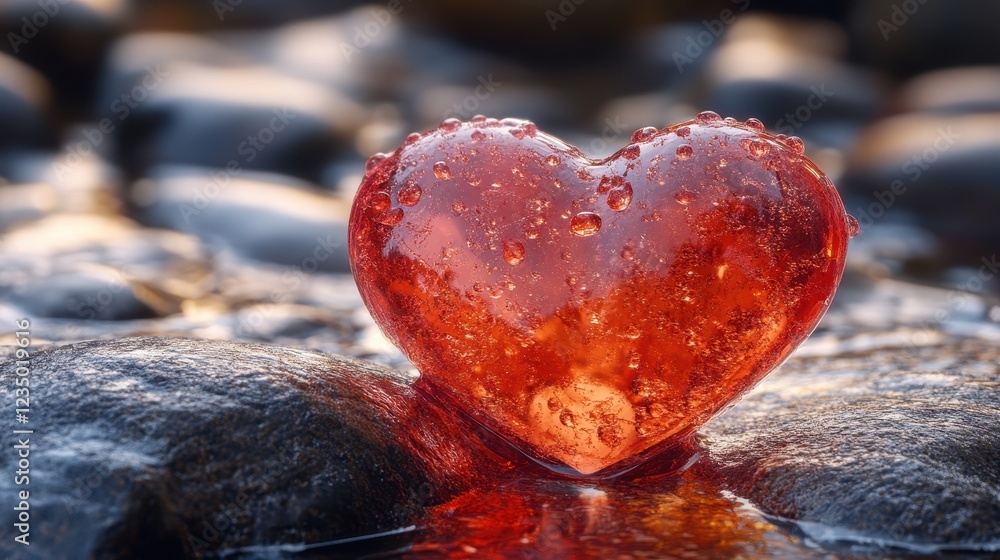 Poster a red heart-shaped object with droplets sits on a wet stone surface.