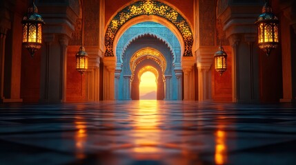 Obraz premium Moroccan palace sunset corridor reflection