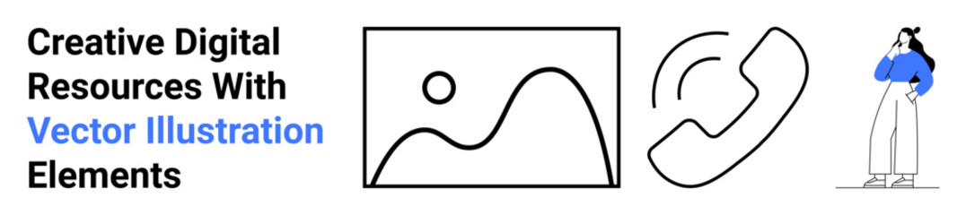 Minimalist landscape art, phone icon, and thoughtful woman standing. Ideal for creativity, communication, art, tech, learning, content marketing and modern aesthetics flat landing page banner