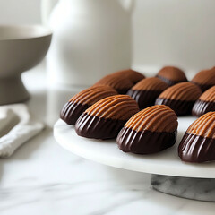 madeleines dipped in glossy dark chocolate. A traditional French dessert