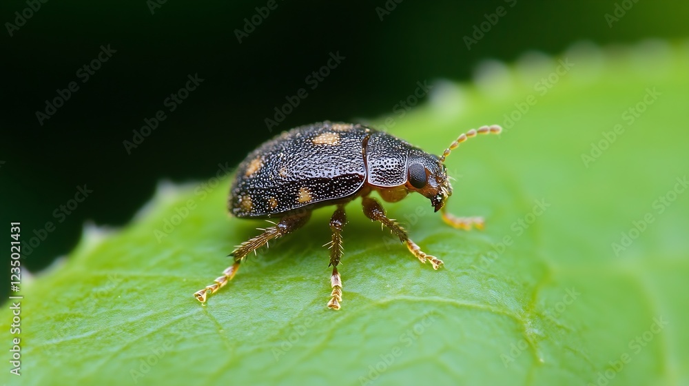 Poster Macro Shot of a Beetle on a Leaf Highlighting Intricate Patterns and Vibrant Colors in Natural Habitat : Generative AI