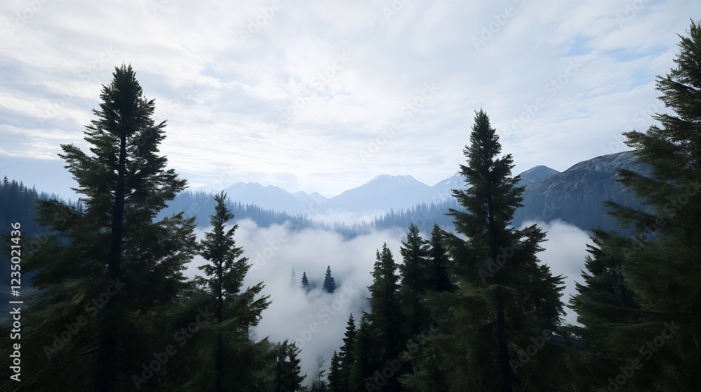 Poster Misty Pine Forest with Fog Rolling Over Mountainous Horizon Creating a Mystical Ambiance : Generative AI
