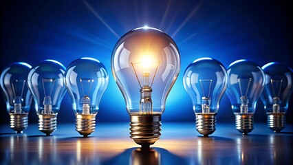 Illuminated Light Bulb Standing Out Among Unlit Bulbs Symbolizing Innovation, Creativity, and Leadership
