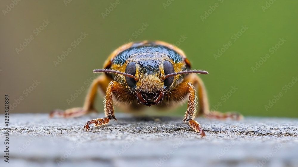 Poster macro detailed close up of yellow and black beetle on textured surface for scientific examination : 