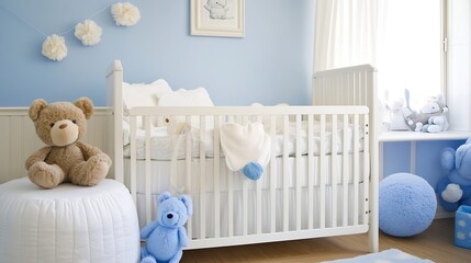 Adorable Baby Nursery in Soft Blue with Plush Toys and Cozy White Furniture for Comfort : Generative AI