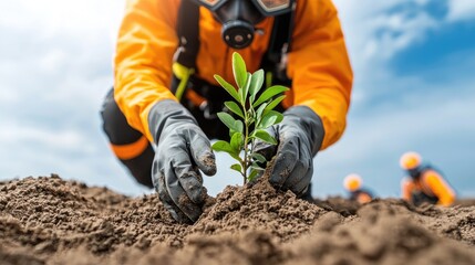 A worker in protective gear plants a young tree in soil, promoting environmental sustainability and restoration.