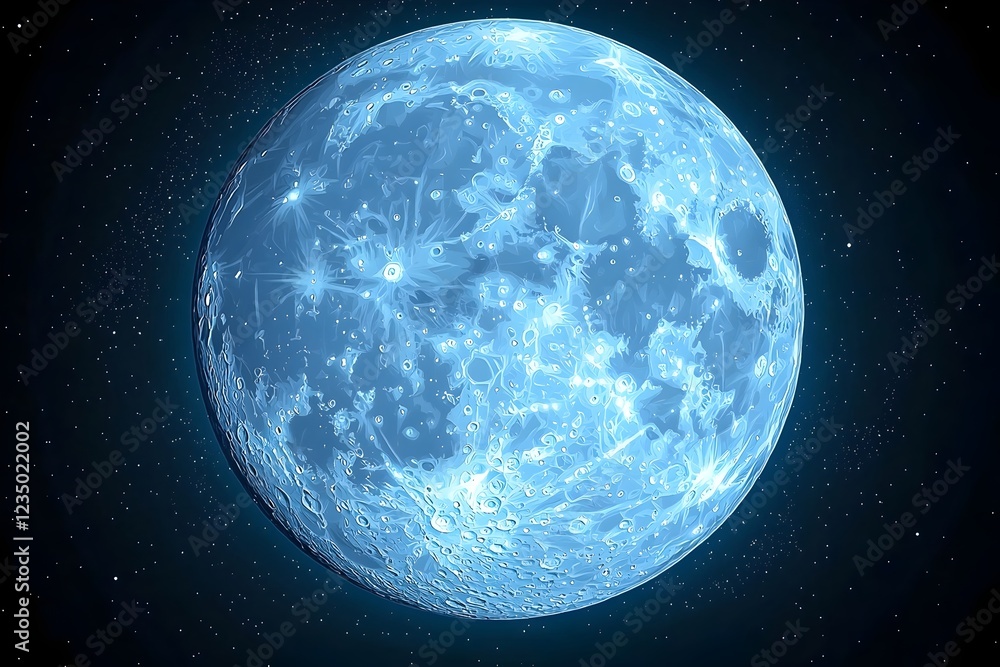 Poster a mesmerizing digitally rendered image of a luminous blue moon surrounded by a starry night sky, cre