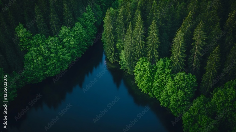 Poster aerial view of serene river surrounded by lush green forest : generative ai