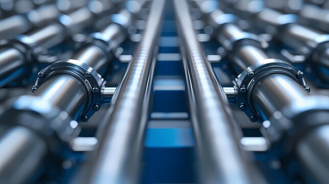 The image features a close-up view of metallic pipes arranged in parallel, showcasing a sleek and industrial design.